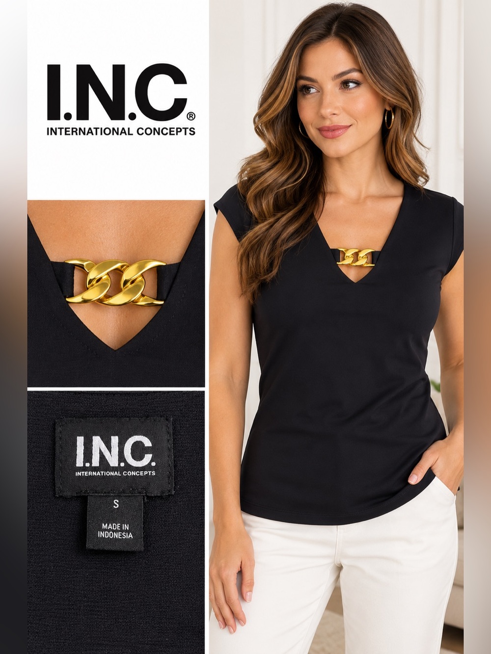 INC International Concepts Black V-Neck Top with Gold Chain Detail